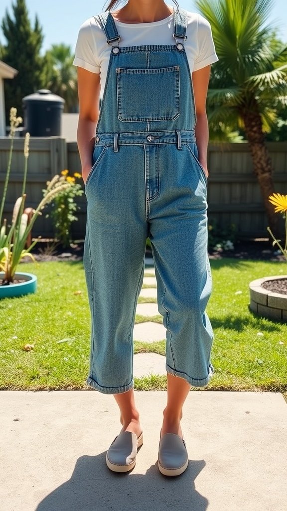 A person wearing denim overalls and casual slip-on shoes, standing in a garden.