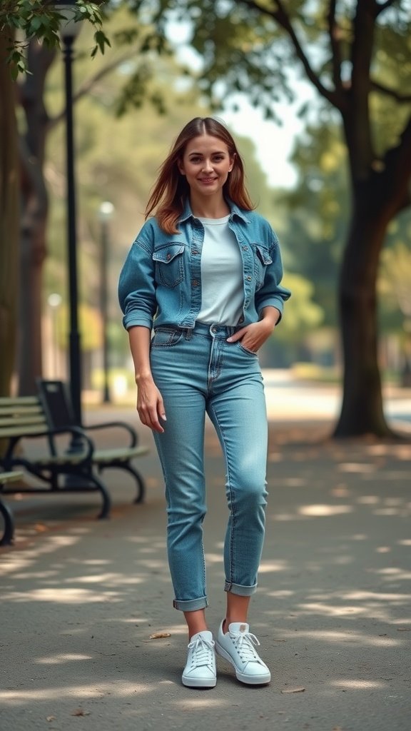 A person wearing vintage denim jeans and a denim jacket, paired with white sneakers, walking in a park.
