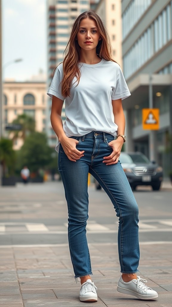 A woman in a casual white tee and high-waisted jeans standing on a city street.