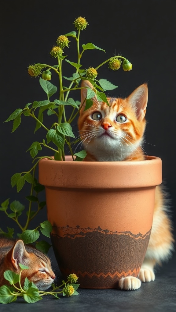 A playful cat next to a pot of catnip, showcasing the joy it brings to pets.