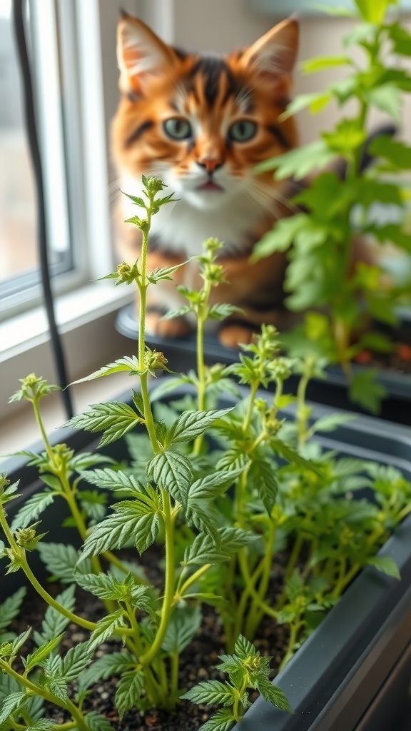 A close-up of catnip plants with a cat in the background.