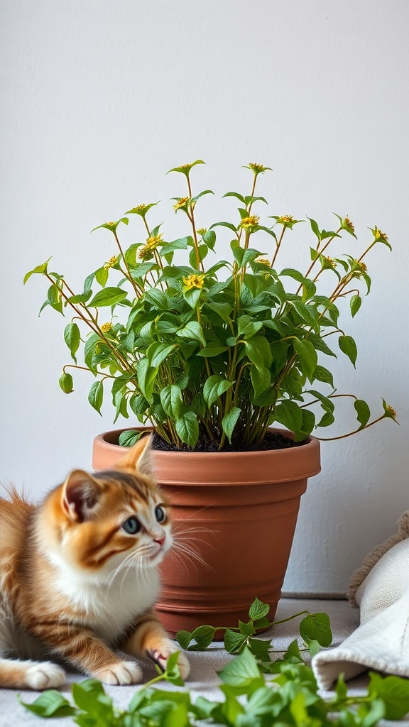 A pot of catnip with a playful cat nearby.
