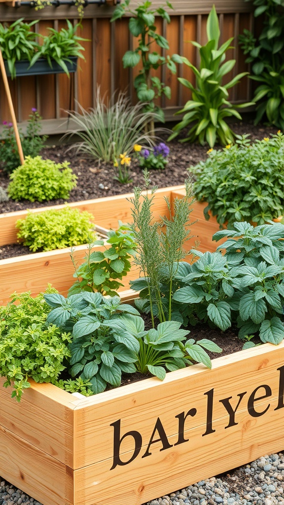 Cedar raised garden beds filled with various herbs and plants.