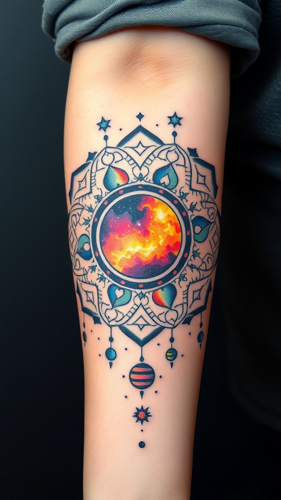 A colorful celestial bodies mandala tattoo featuring a galaxy design with planets and stars.