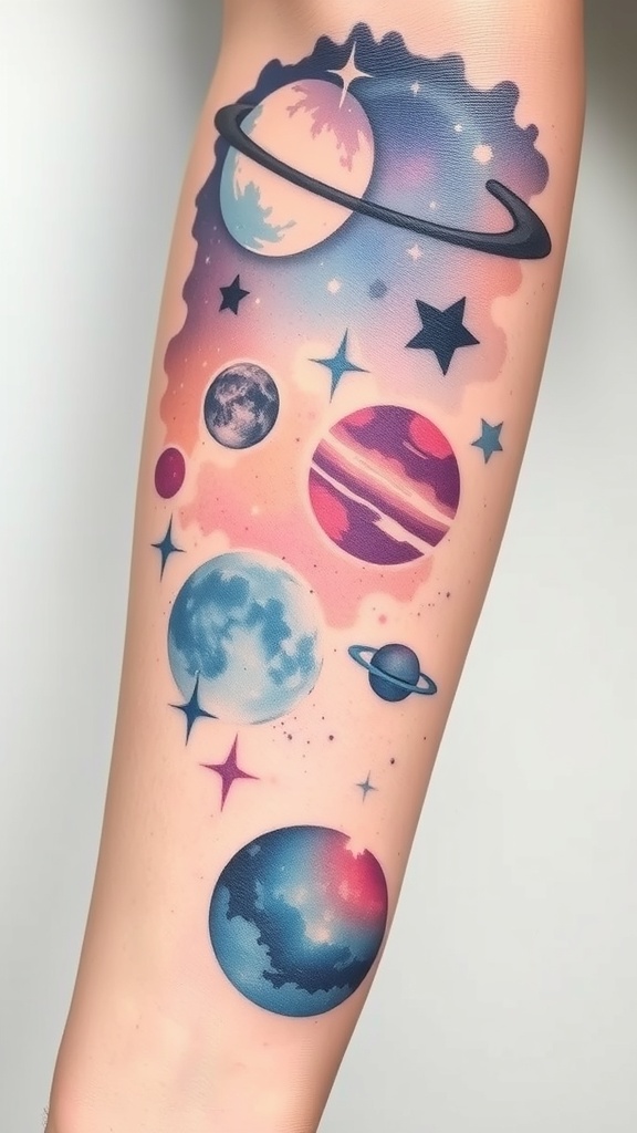 A colorful watercolor tattoo featuring planets and stars on a person's forearm.