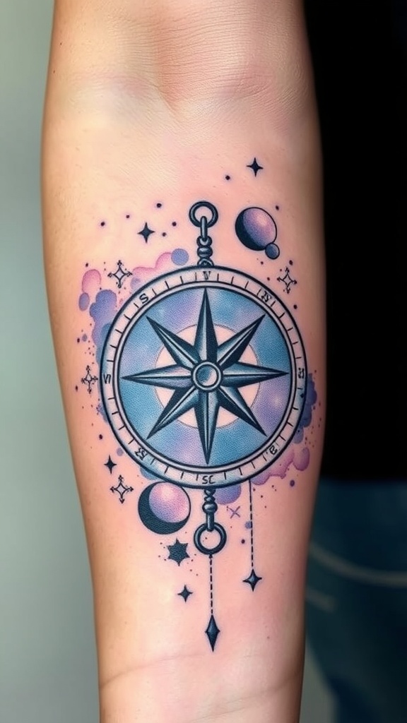 A colorful celestial compass tattoo featuring a compass surrounded by planets and stars.