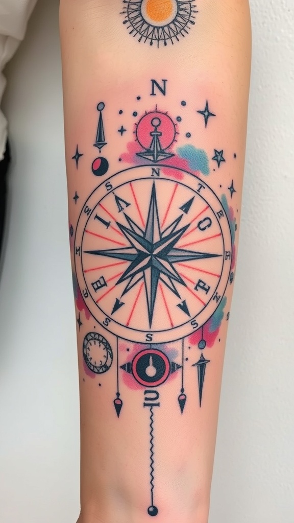 A celestial compass tattoo featuring watercolor effects and intricate designs.