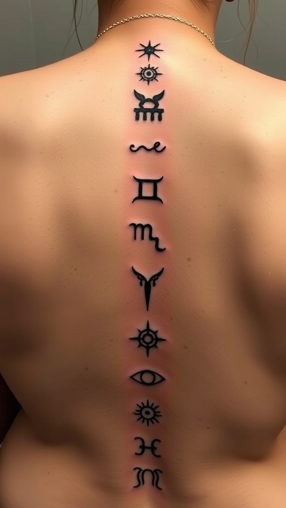 A series of celestial zodiac symbols tattooed vertically on a person's back.