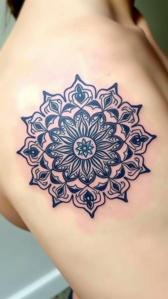 A detailed Celtic flower mandala tattoo on the chest.