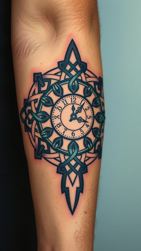 Celtic Knot Clock tattoo on forearm