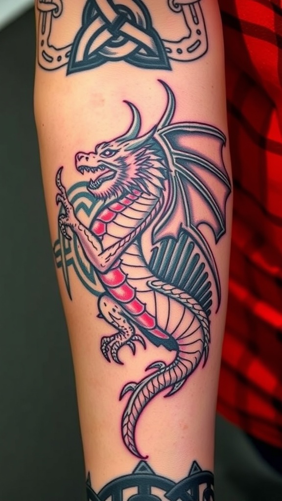 A colorful tattoo of a dragon intertwined with Celtic knot designs.