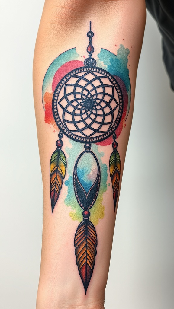 Celtic Knot Dreamcatcher tattoo with colorful watercolor elements