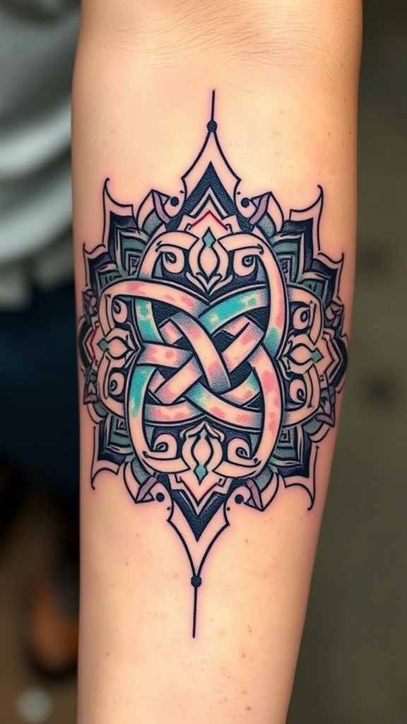A colorful Celtic Knot Mandala tattoo featuring intricate patterns and watercolor elements.