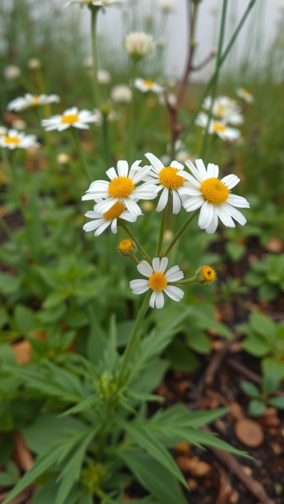 Close-up of chamomile flowers with white petals and yellow centers, surrounded by green foliage.