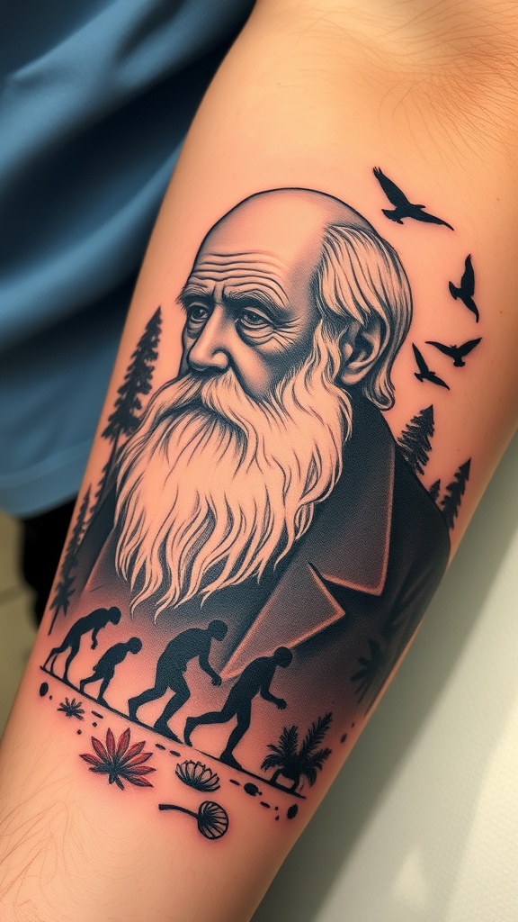 Tattoo of Charles Darwin with elements representing evolution.