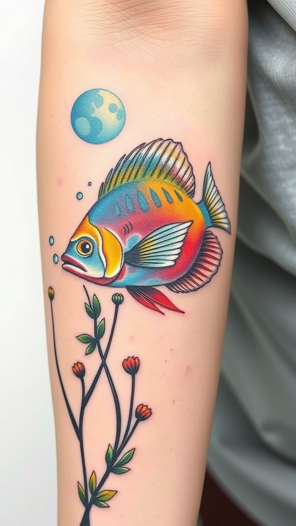Colorful angelfish tattoo with floral elements and a blue moon