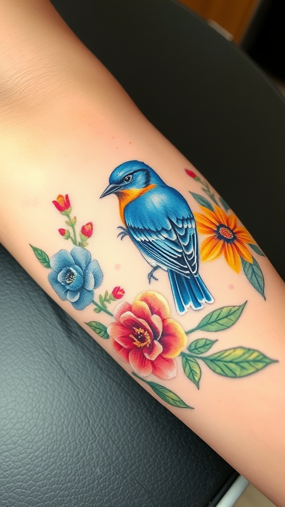 A tattoo of a bluebird with floral accents on a person's arm.