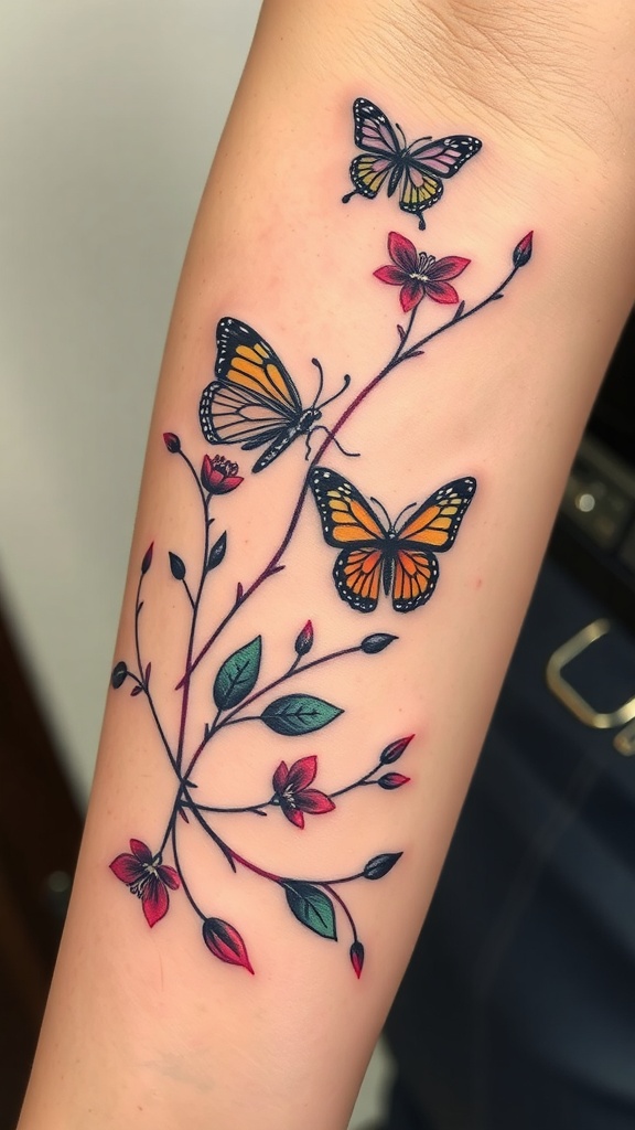 Watercolor butterfly tattoo design on a vine with flowers