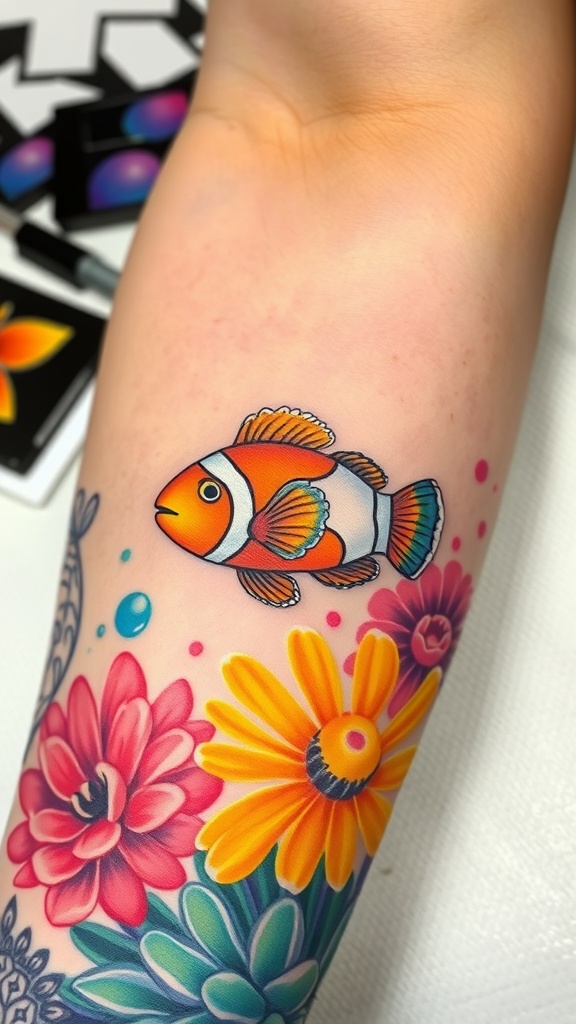 Colorful tattoo of a clownfish surrounded by flowers on a person's arm.