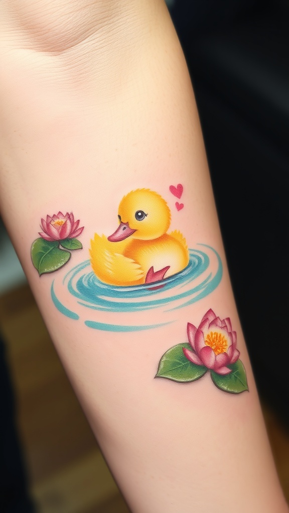 A colorful tattoo of a duckling swimming in a pond with water lilies.