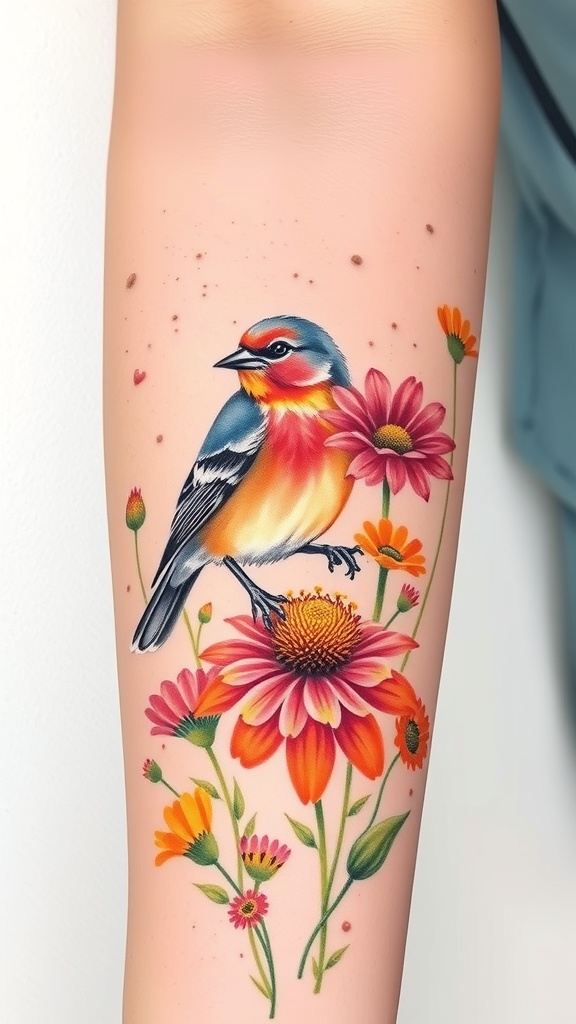 A colorful finch tattoo surrounded by wildflowers on a person's arm.