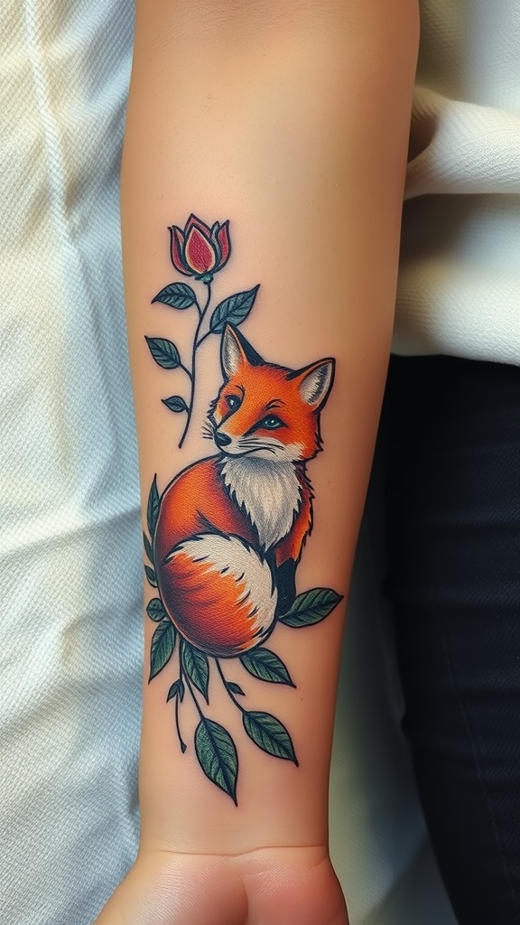 A charming fox tattoo surrounded by leaves and a rose on a person's arm.