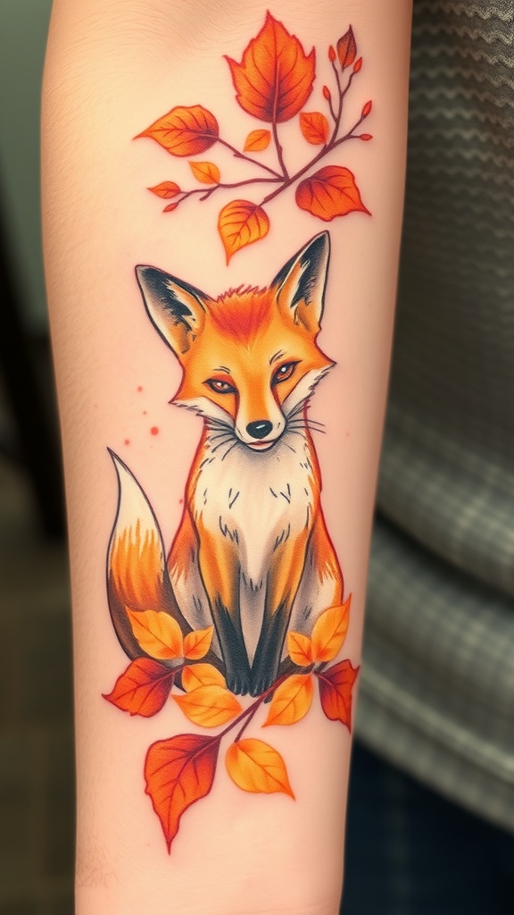 Watercolor tattoo of a fox with autumn leaves