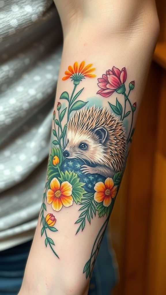 Watercolor tattoo of a hedgehog surrounded by colorful flowers.