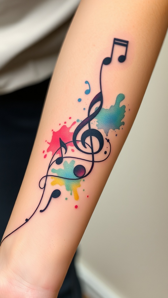 Tattoo of music notes with colorful watercolor splashes