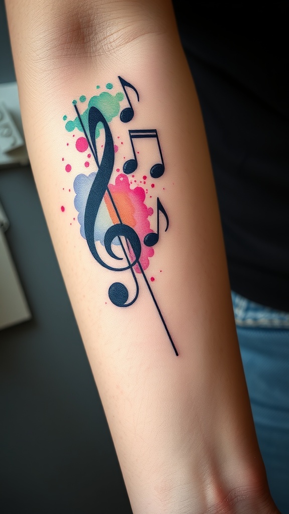Watercolor music note tattoo featuring a treble clef and colorful splashes.