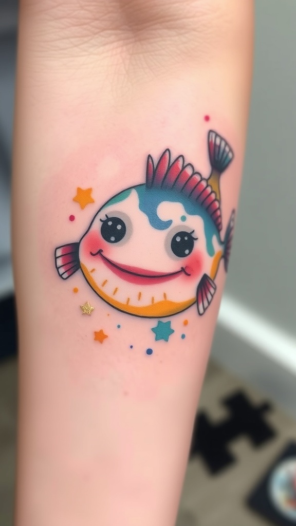 A colorful and cheerful pufferfish tattoo with stars around it.