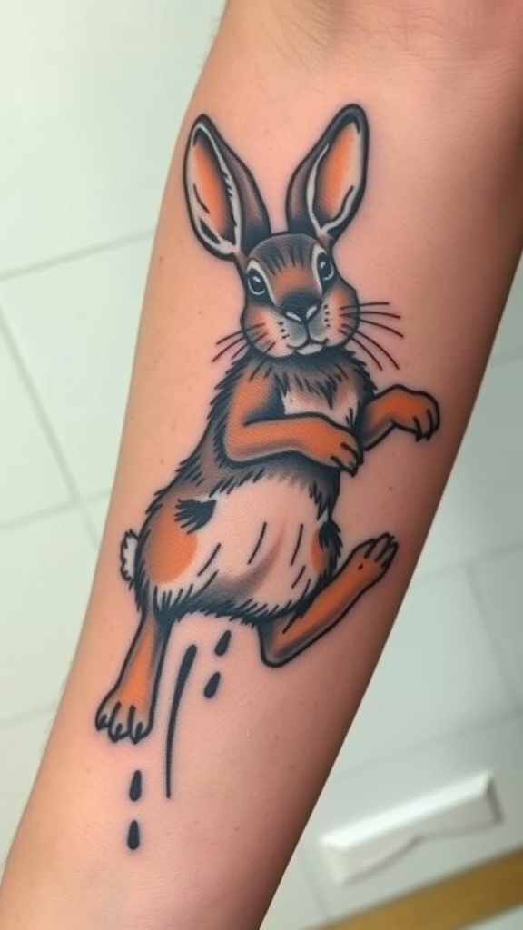 Tattoo of a rabbit in motion on a person's arm