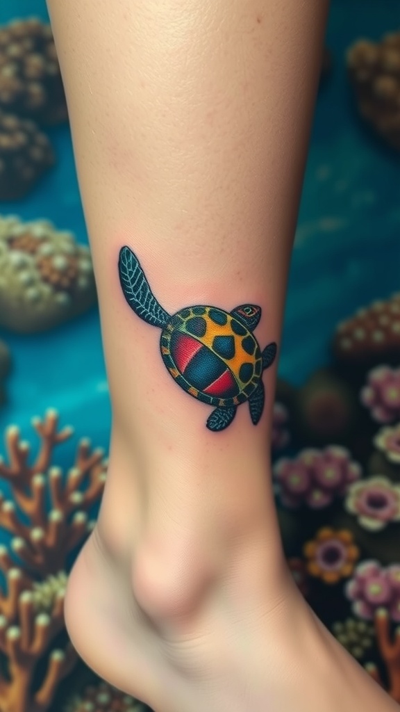 A colorful sea turtle tattoo on a person's ankle.