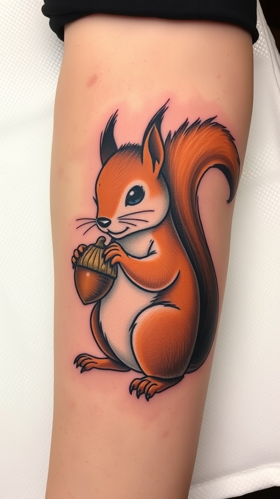 A colorful tattoo of a squirrel holding an acorn on a person's arm.