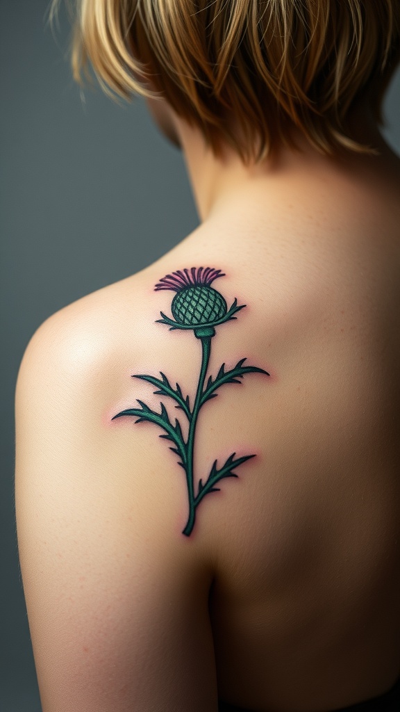 A thistle tattoo on the shoulder of a person with short hair.