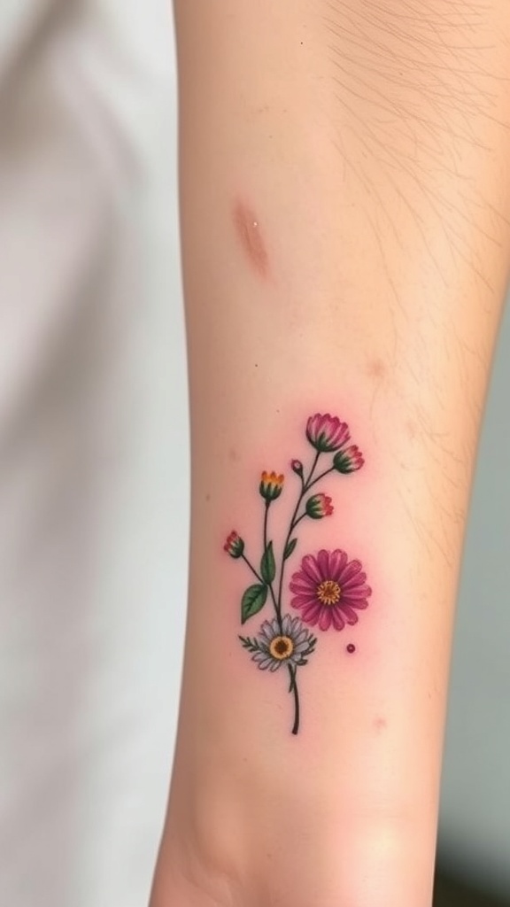A colorful wildflower bouquet tattoo on a person's arm.