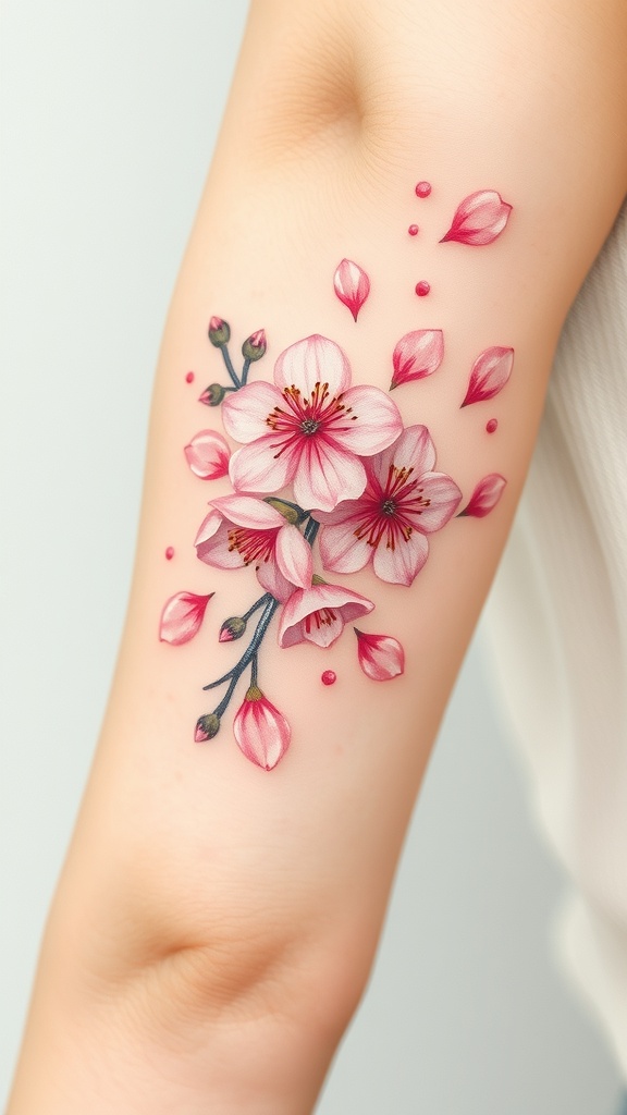 A close-up of cherry blossom tattoos on a shoulder, showcasing soft pink flowers and petals.
