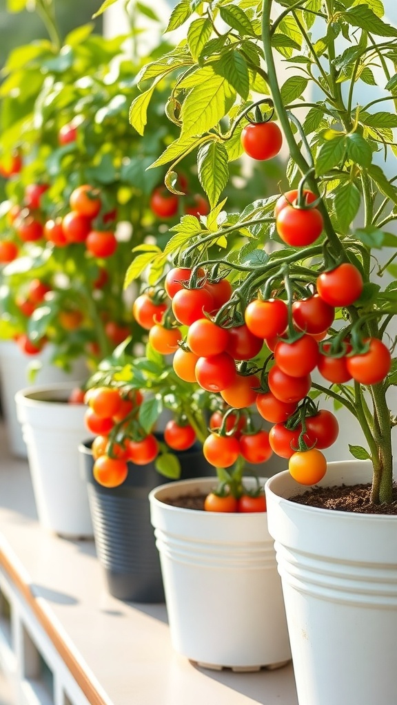 Potted cherry tomato plants with ripe tomatoes on a balcony.