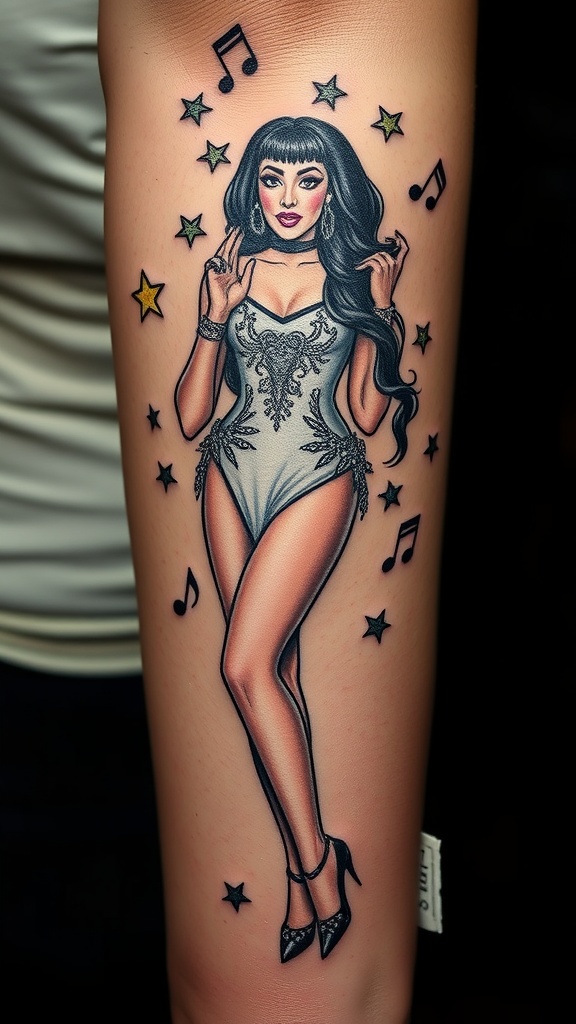 Tattoo of a glamorous woman resembling Cher, surrounded by stars and musical notes.