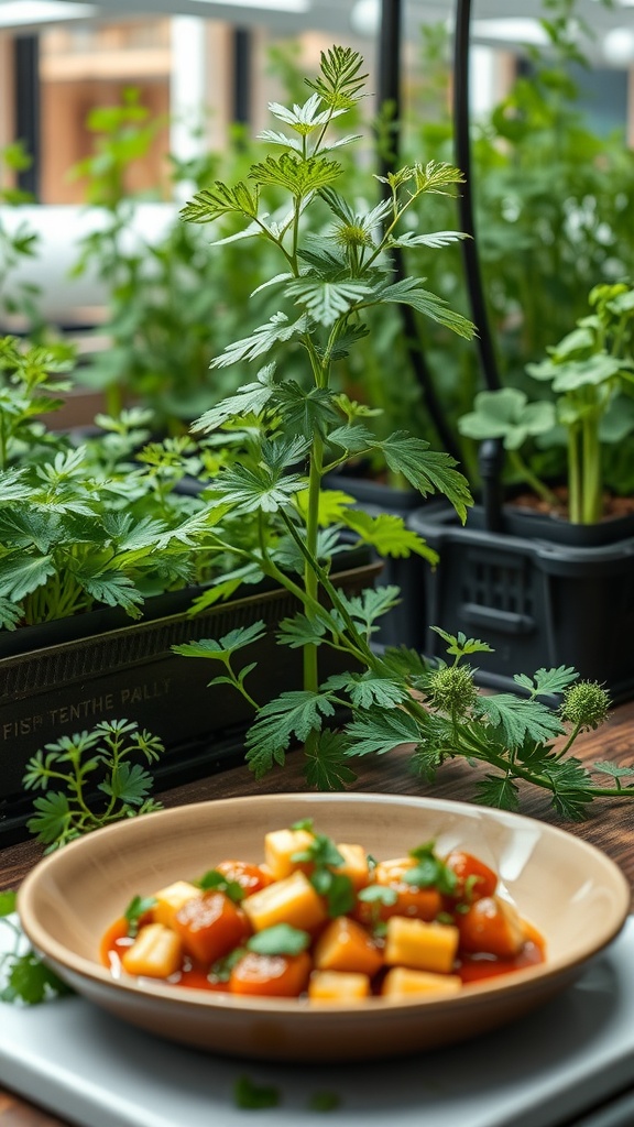Fresh chervil growing indoors with a dish of diced vegetables in the foreground.