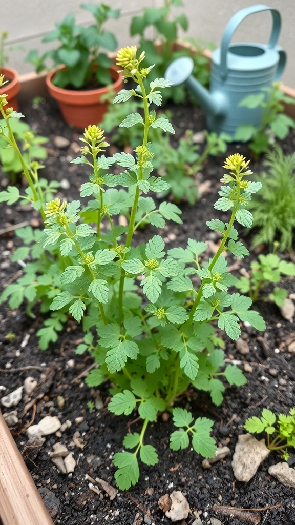 Chervil plant with delicate green leaves and small yellow flowers in a garden setting.