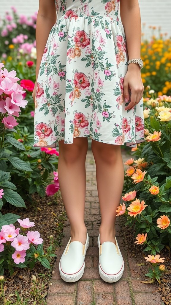 A person wearing chic canvas slip-ons with a floral dress in a garden.