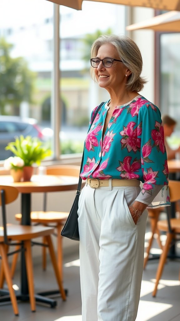 A smiling woman in a floral blouse and linen trousers stands in a cafe.