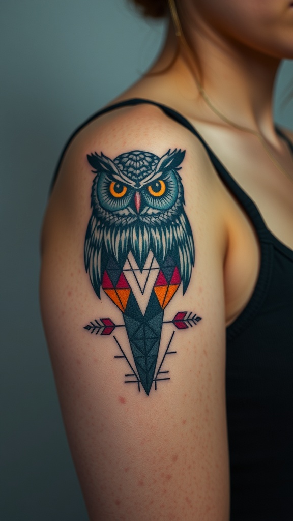 Chic owl tattoo featuring geometric elements and vibrant colors on a person's shoulder.