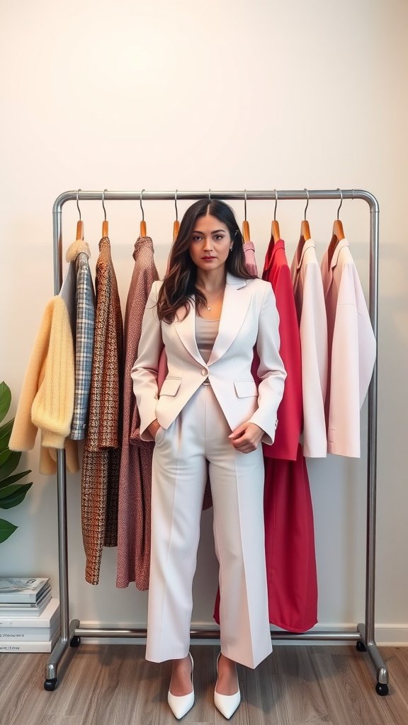 A woman wearing a chic pastel blazer and trousers, standing in front of a clothing rack with various outfits.