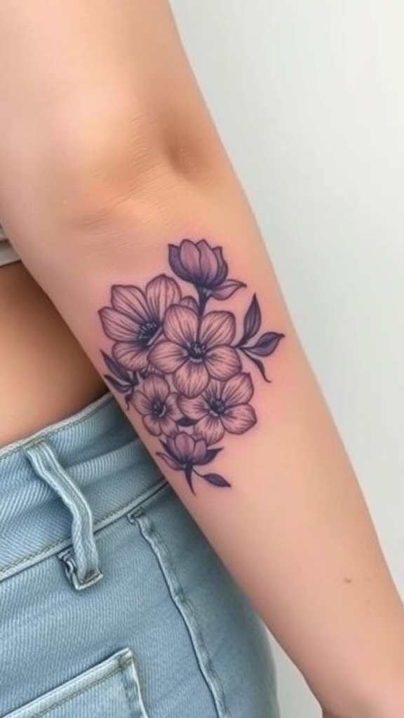 A chic violet tattoo on the arm, featuring delicate flowers and leaves.