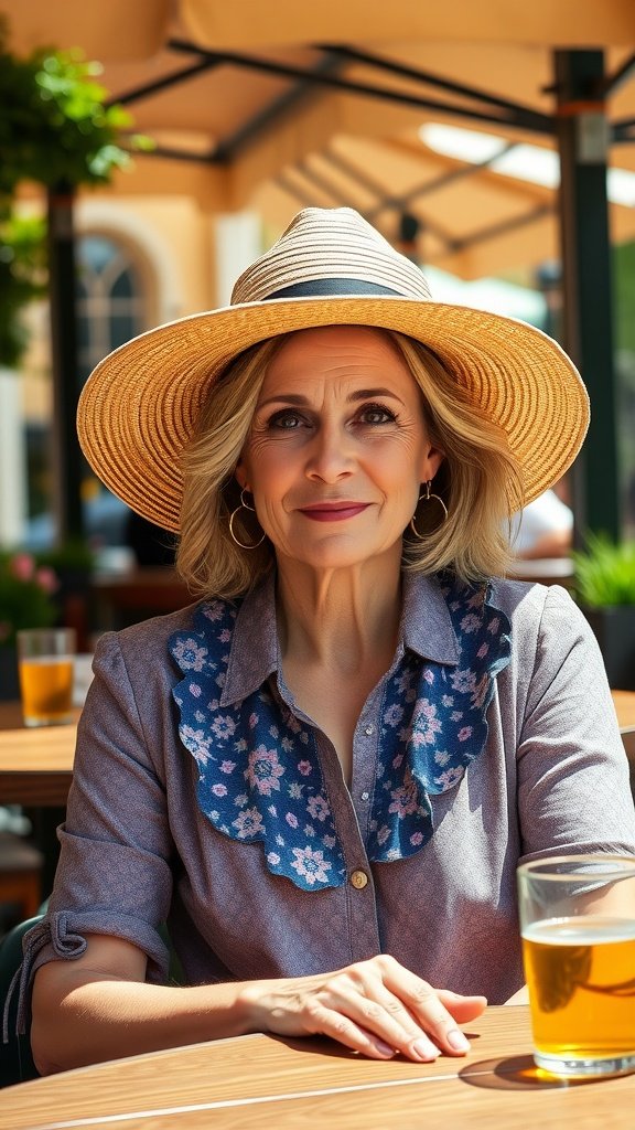 A woman wearing a stylish wide-brim hat, sitting at an outdoor cafe with a drink.