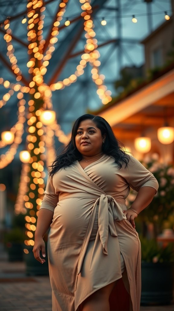 A woman wearing a chic wrap dress, posing outdoors with decorative lights in the background.