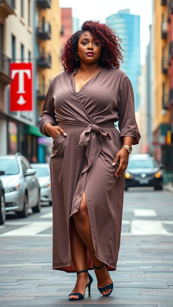 A confident woman in a brown wrap dress standing on a city street, exuding style and elegance.
