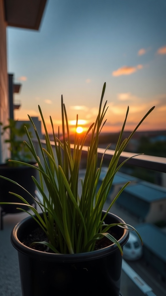A pot of chives on a balcony with a sunset in the background